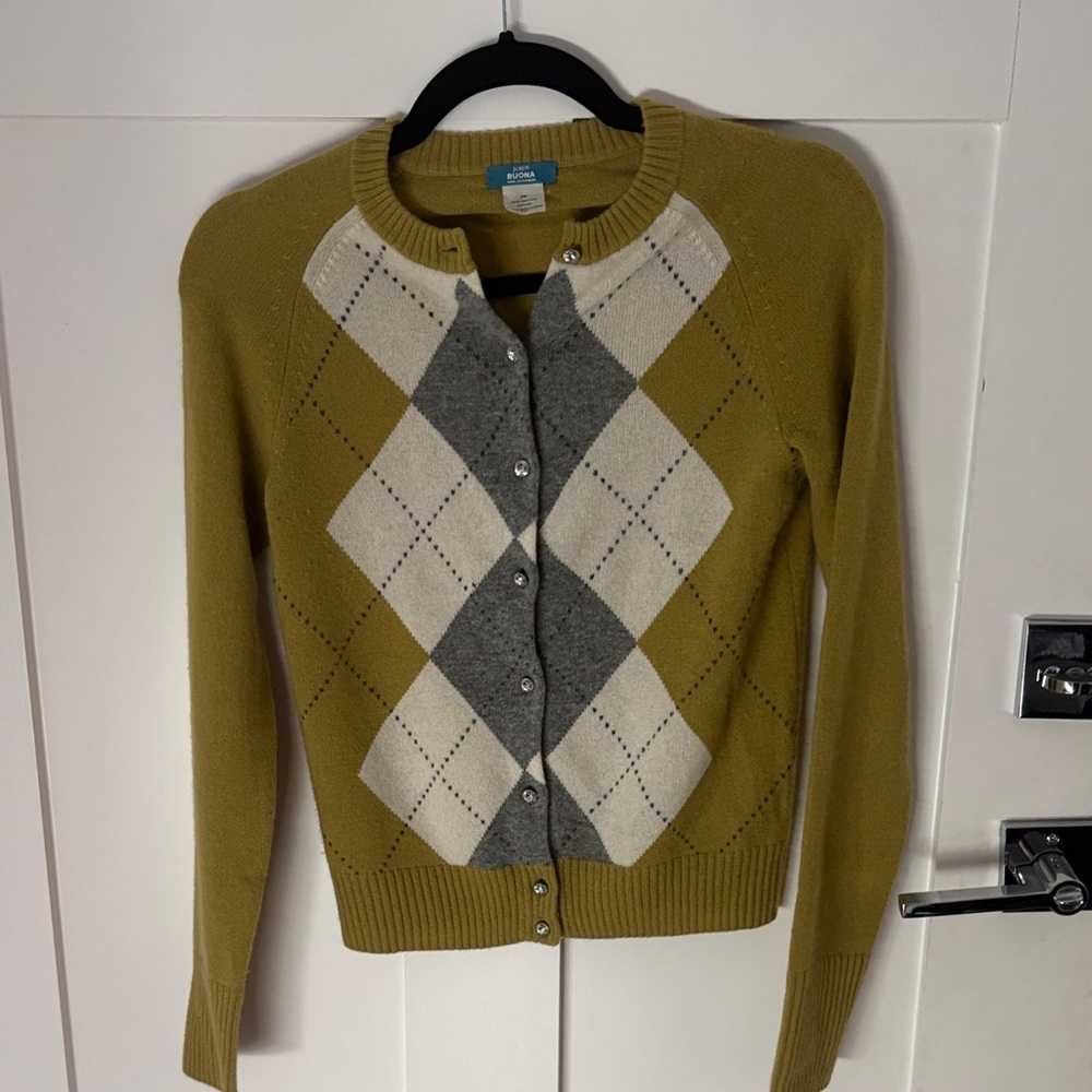 J. Crew Olive Green Argyle Cashmere Button-Front Cardigan Cream & Gray Diamonds